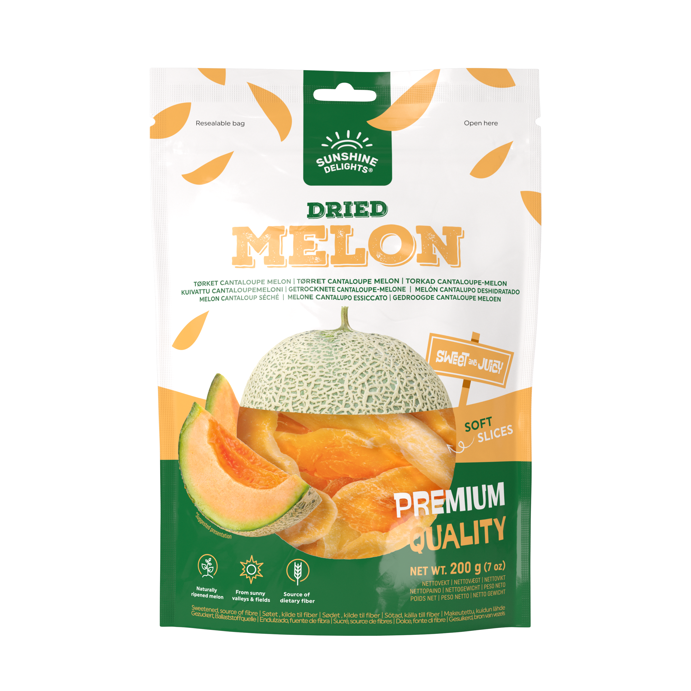 a bag of dried melon slices from sunshine delights