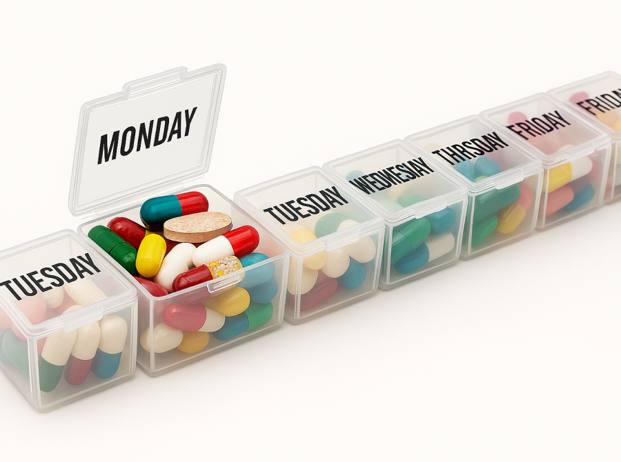 A weekly pill organizer with colorful pills, the Monday compartment open.