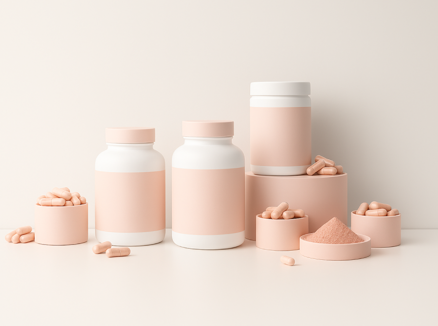 White supplement bottles with pink labels, pink capsules in bowls, and pink powder on a light background.