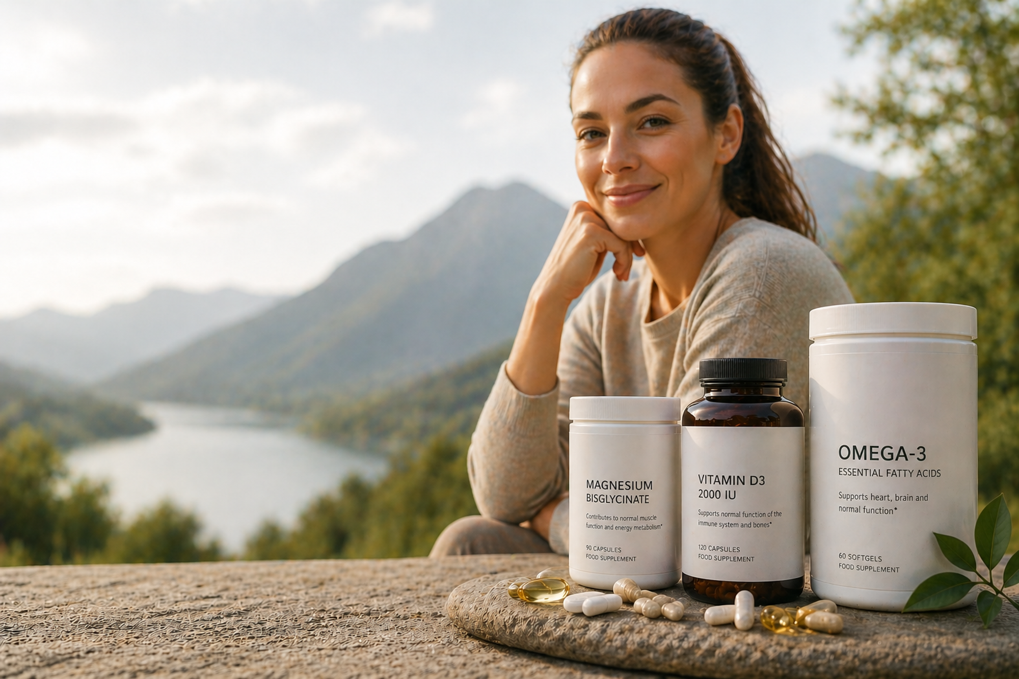 A smiling woman outdoors with mountains and a lake in the background, next to three supplement bottles and scattered pills.