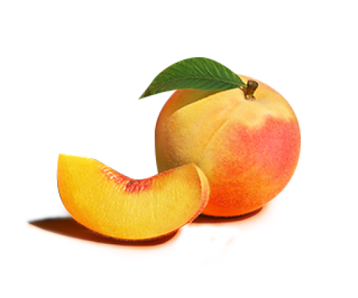 A peach with a green leaf next to a slice of peach