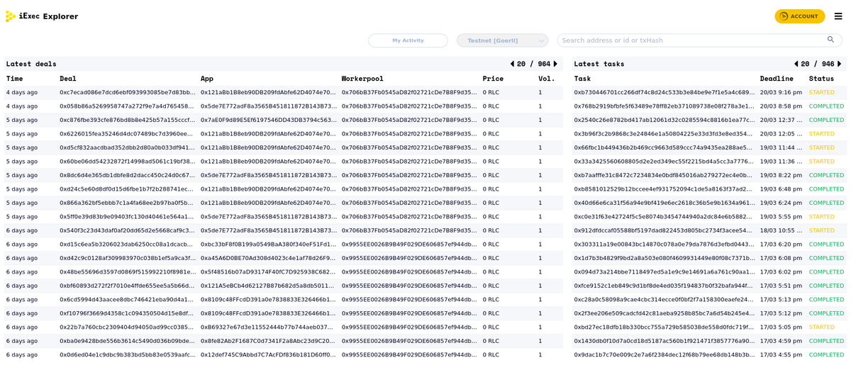 iExec’s explorer, displaying blockchain data indexed by the existing ‘iExec watcher’.
