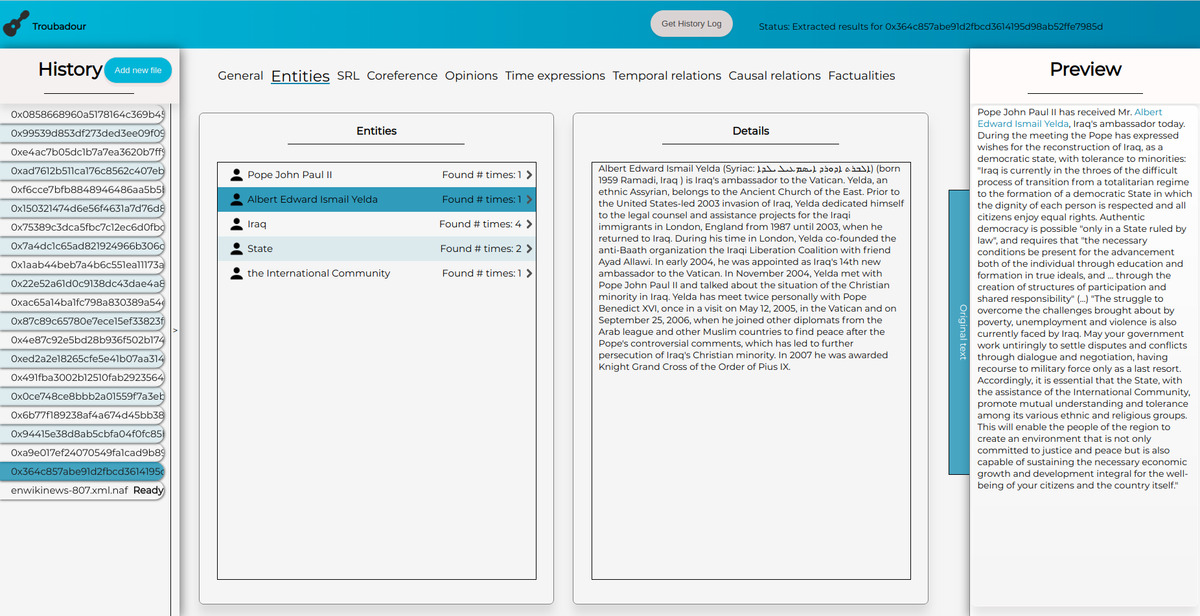 Additional information of extracted entities can be found dynamically by Troubadour