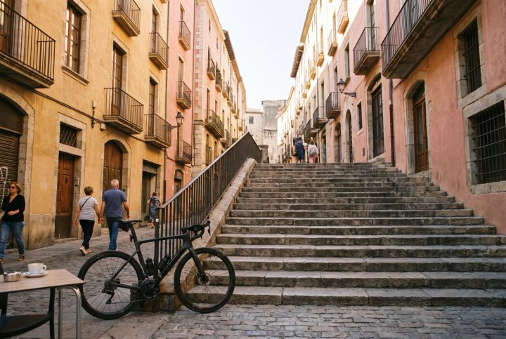 The wide stone cathedral steps of Girona's old town
