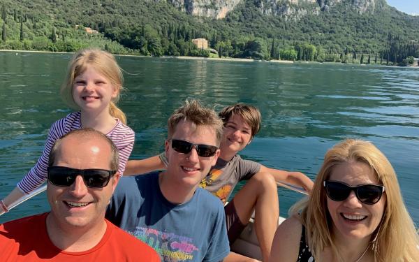 Collins family on a speedboat, Lake Garda