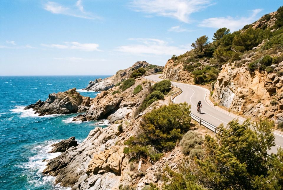 A a cyclist on a rugged stretch of Costa Brava coastline near Cap de Creus