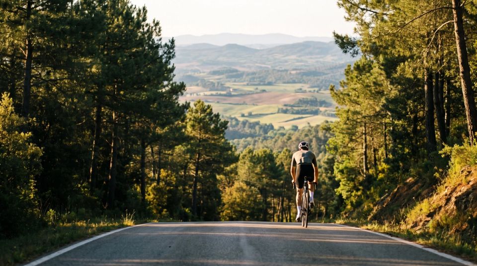 A lone road cyclist climbing a steep, quiet mountain road on Rocacorba near Girona