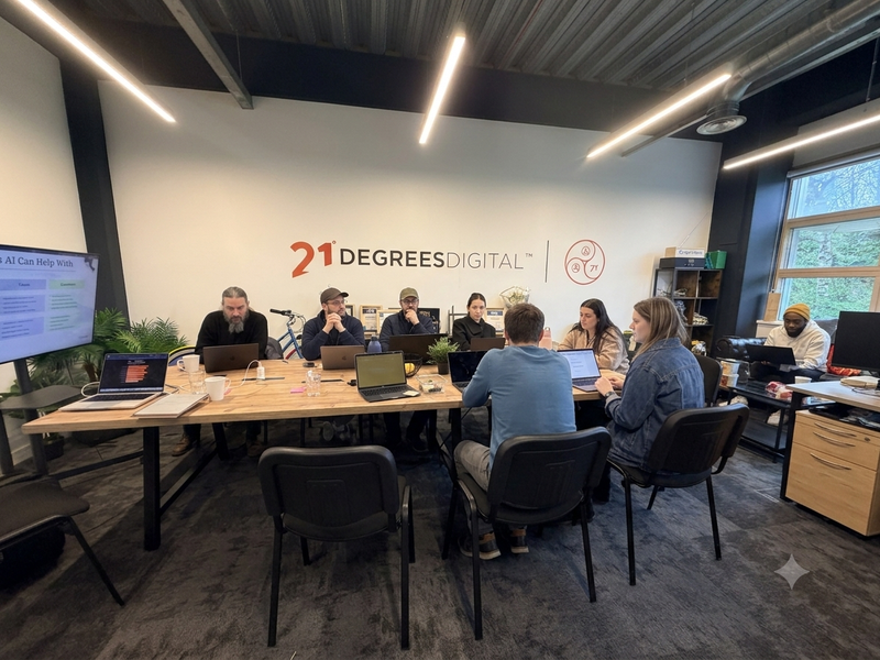 The 21 Degrees Digital team gathered around a table in Holbeck, mapping agent use cases across their business functions