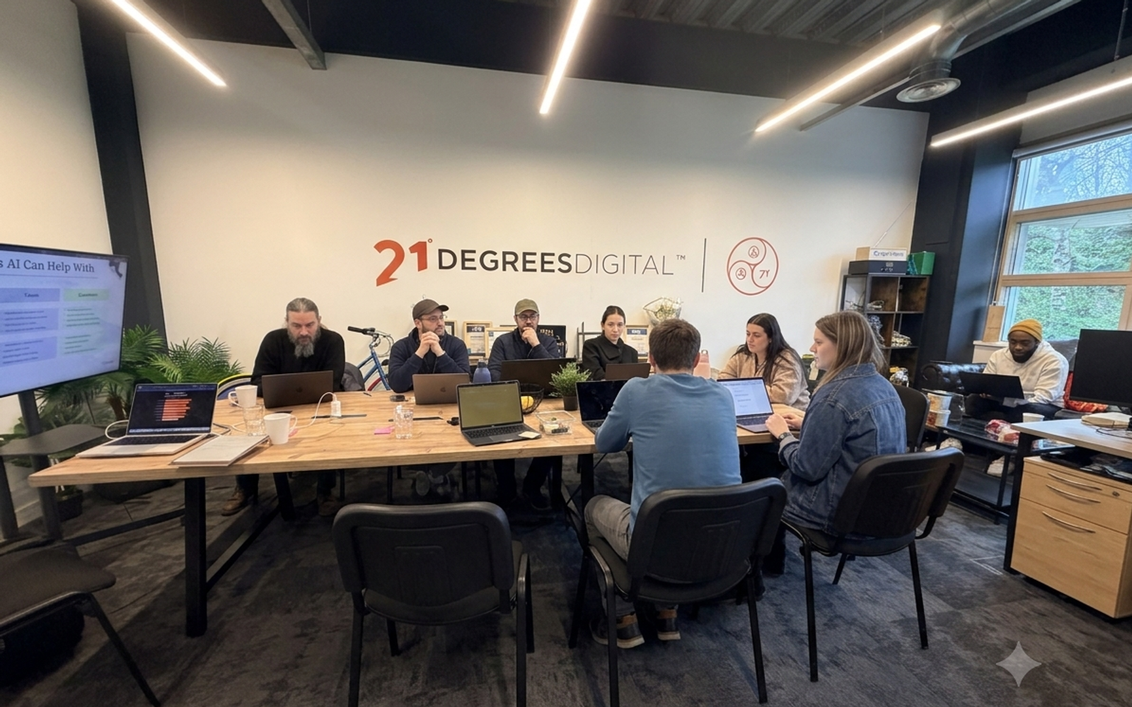 The 21 Degrees Digital team gathered around a table in Holbeck, mapping agent use cases across their business functions