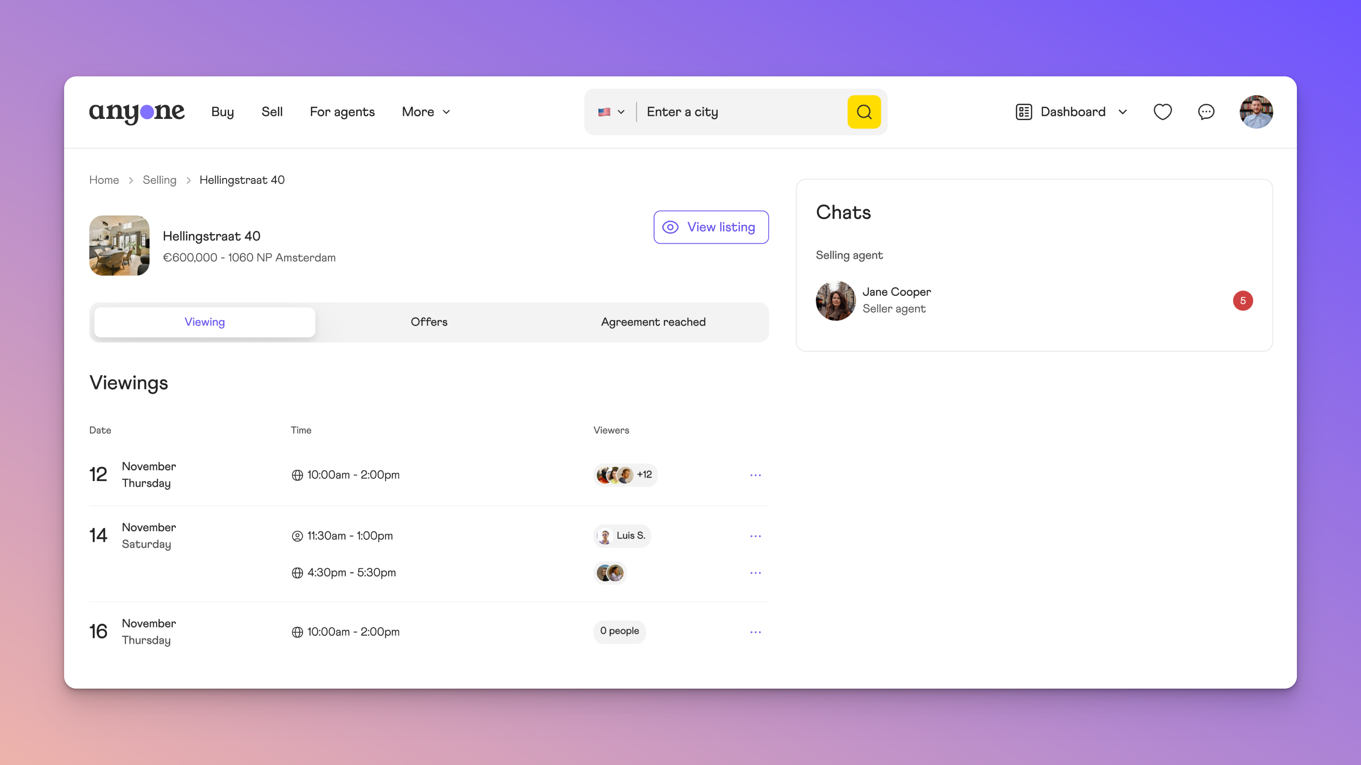 Your dashboard with viewings