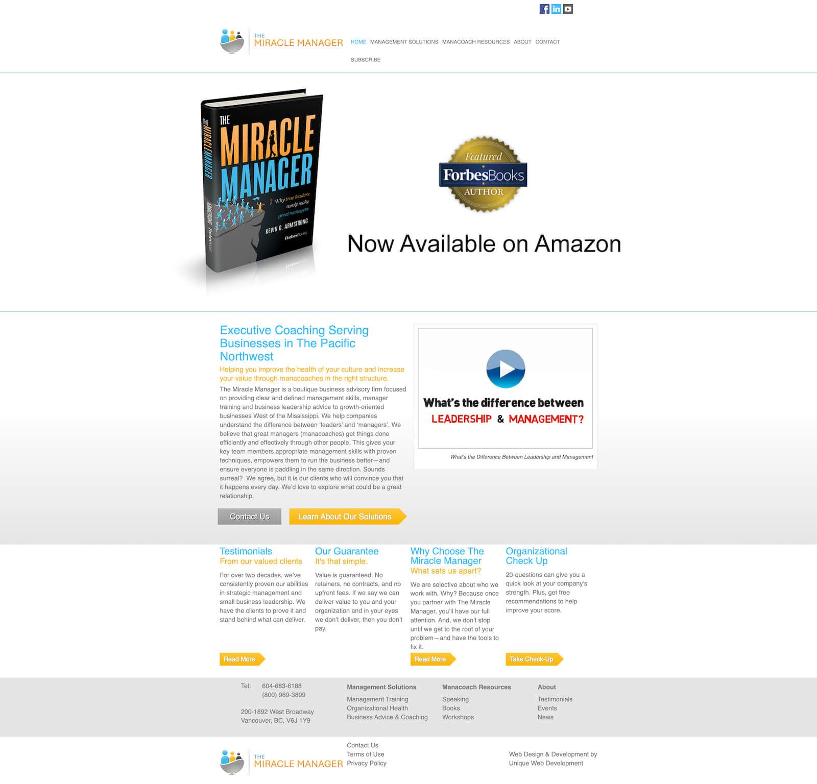The Miracle Manager homepage before