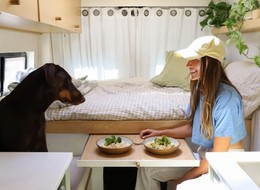 girl sharing dinner with her dog