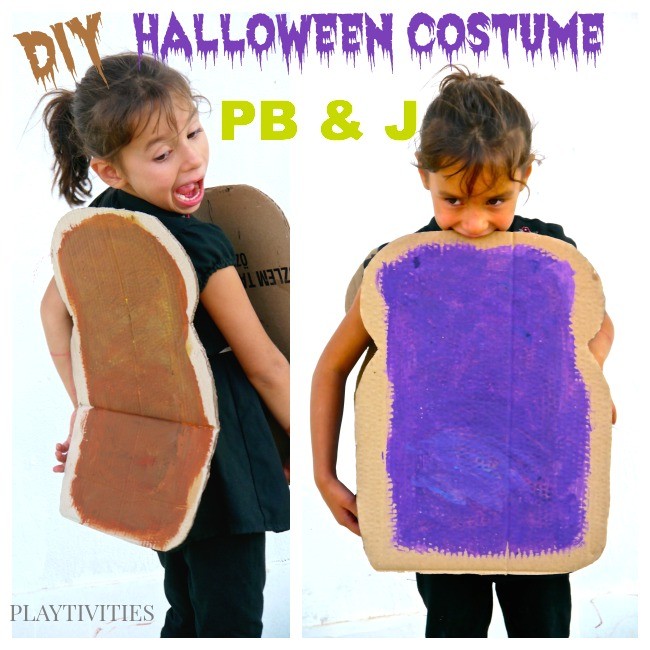 A kid wearing a PB&J sandwich costume made with cardboard.