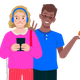 a kid wearing headphones and a boy holding a muffin