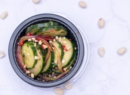 Cucumber topped with peanut lime dressing.