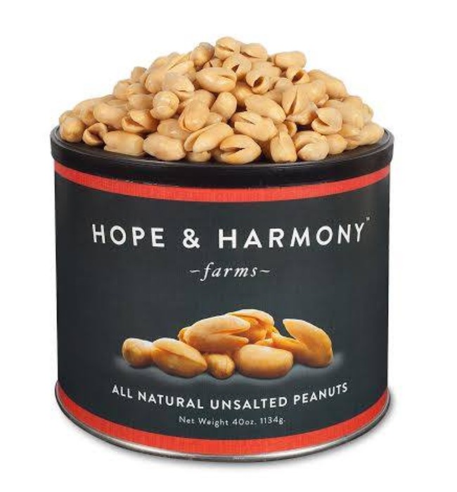 a can of Hope & Harmony all natural unsalted peanuts