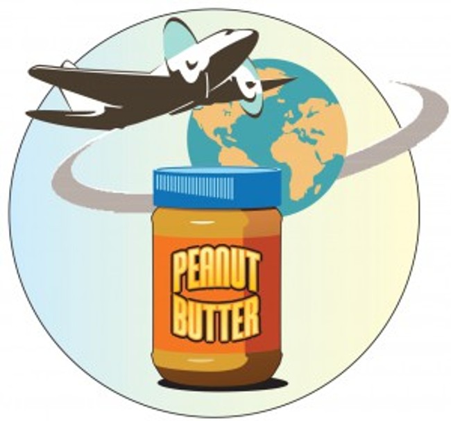 Illustration of a peanut butter jar and a plane travelling around the world.