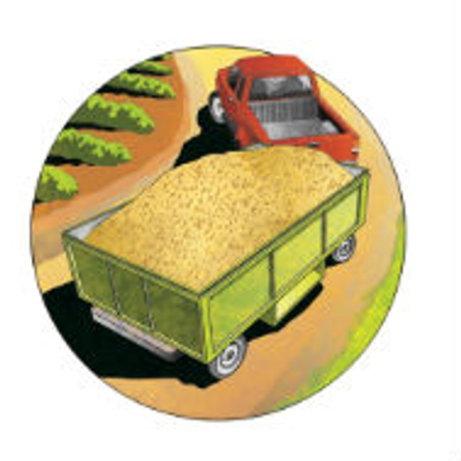 Illustration of a pickup truck dragging a container full of hay.
