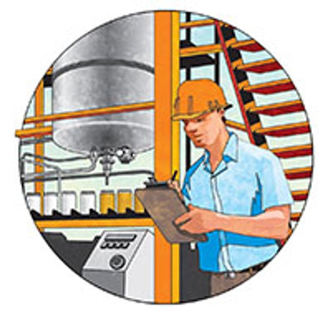 illustration of a worker in a hard hat next to a machine filling peanut butters jars
