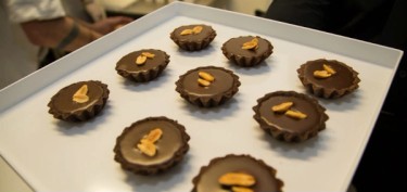 a tray of chocolate tarts topped with peanuts.