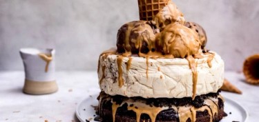 a three layer ice cream cake with peanut butter and chocolate.