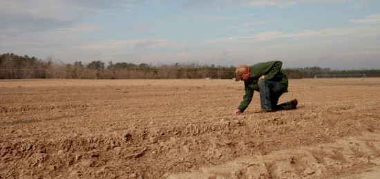 a man kneeling down and checking the soil of a fallow field.