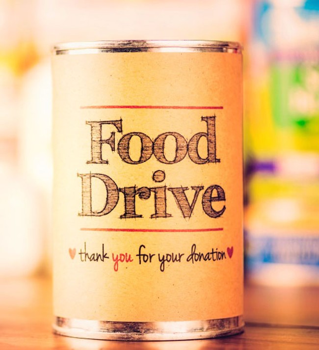 a donation can titled food drive.