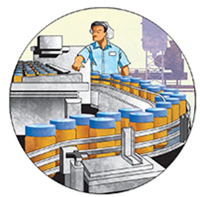 Illustration of a worker inspecting a peanut butter production line.