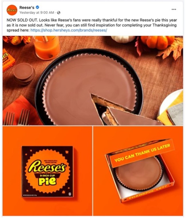 A facebook post by Reese's about their sold out pie.