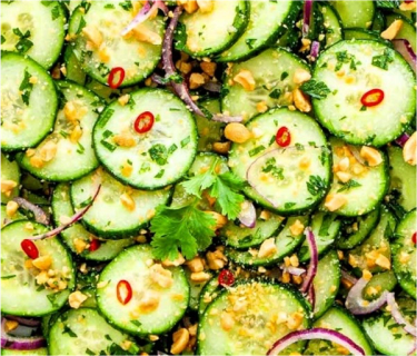 Cucumber topped with peanut lime dressing.