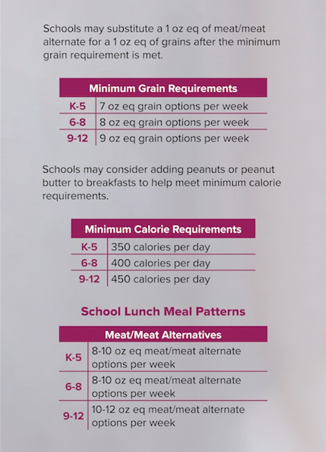 infographic about the minimum requirements for grains and calories in school lunch meals