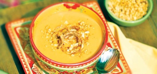 a bowl of spicy Senegalese sweet potato and peanut soup.