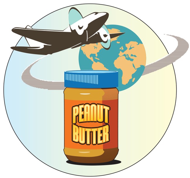 illustration of a peanut butter under a plane travelling the world.