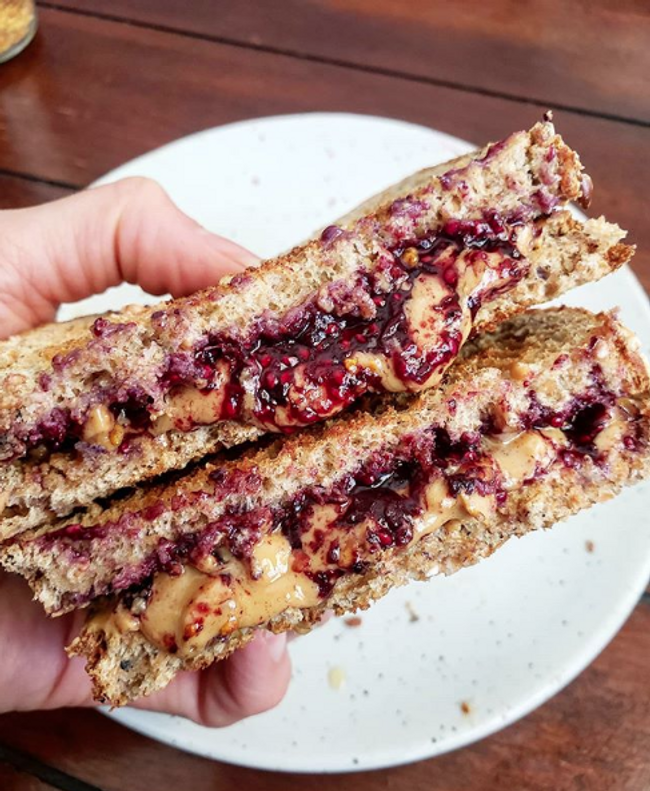 A PB&J sandwich filled with homemade blueberry chia jam.