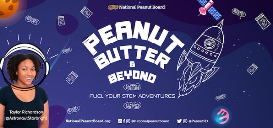 Poster for the Peanut Butter & Beyond contest with a picture of Taylor Richardson drawn with a space helmet.