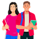 a man and a woman holding journals
