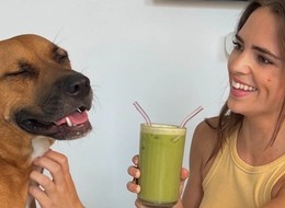 a girl sharing her smoothie with her dog