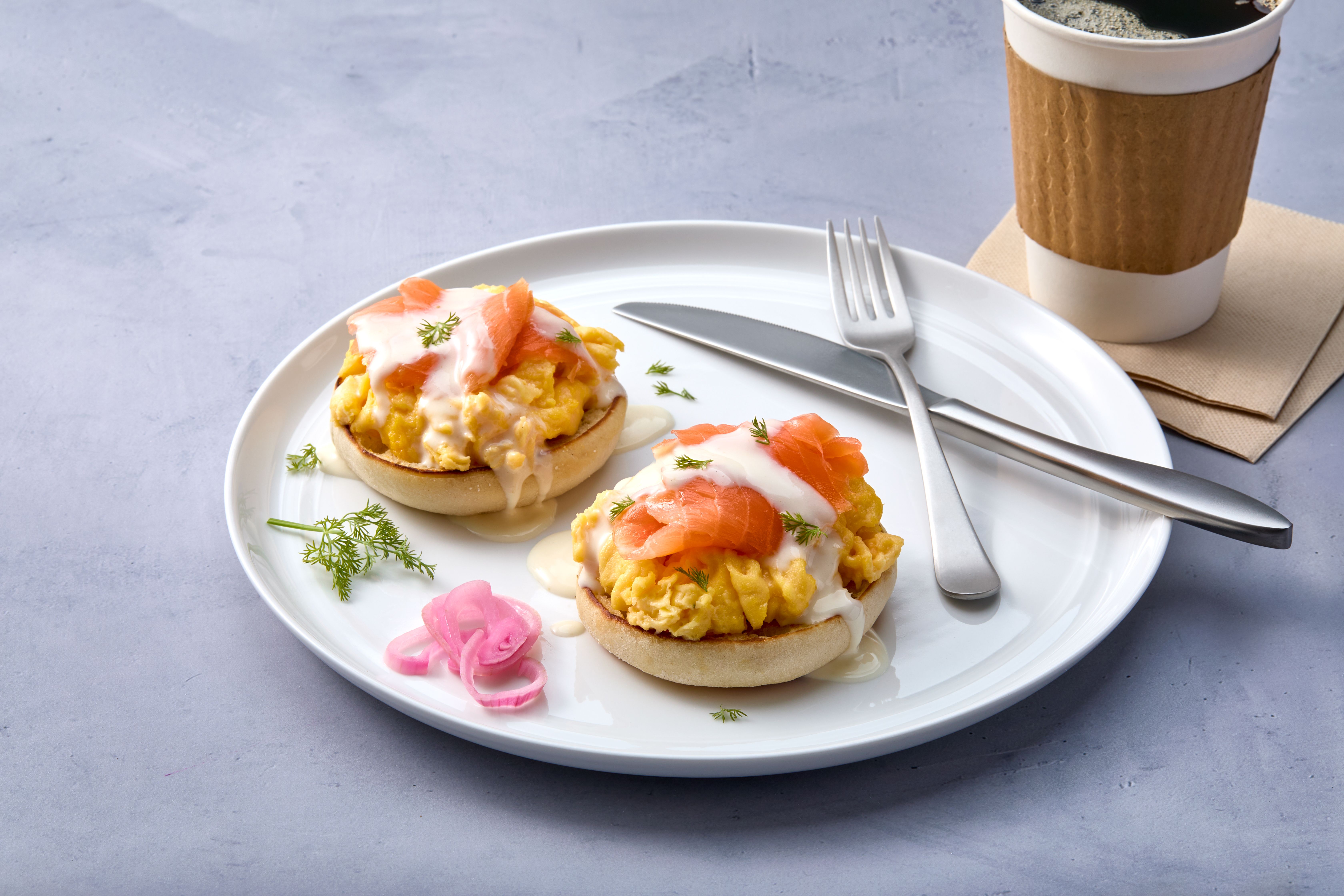 Salmon Benedict with Savory Peanut Infused Queso