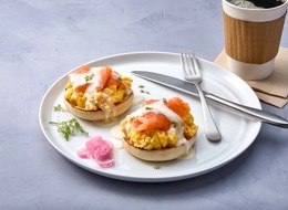 Salmon Benedict with Savory Peanut Infused Queso