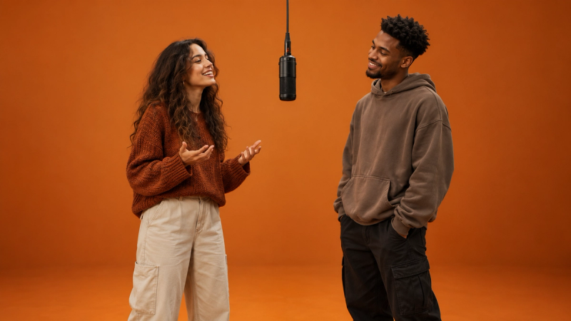 Zwei fiktive Personen stehen an einem hängenden Mikrofon in einem orangefarbenen Studio.