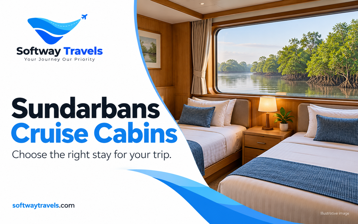 Actual cabin and attached bathroom on a Sundarbans cruise ship offered by Softway Travels