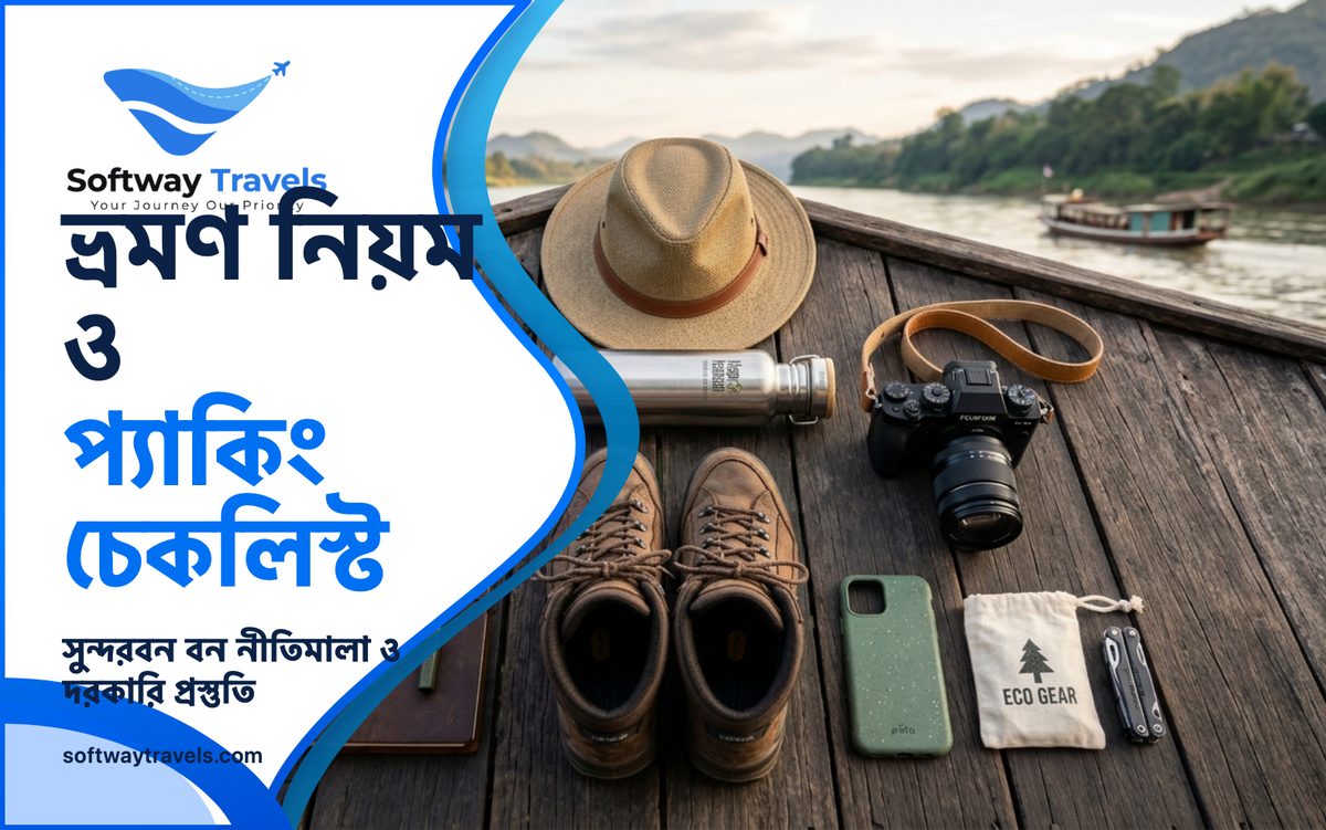 Essential packing gear for a Sundarbans trip: binoculars, sun hat, camera, and eco supplies