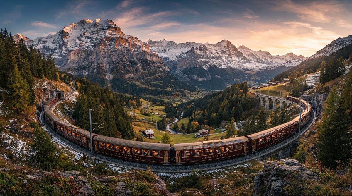 A red mountain train crossing a scenic railway line in the Swiss Alps