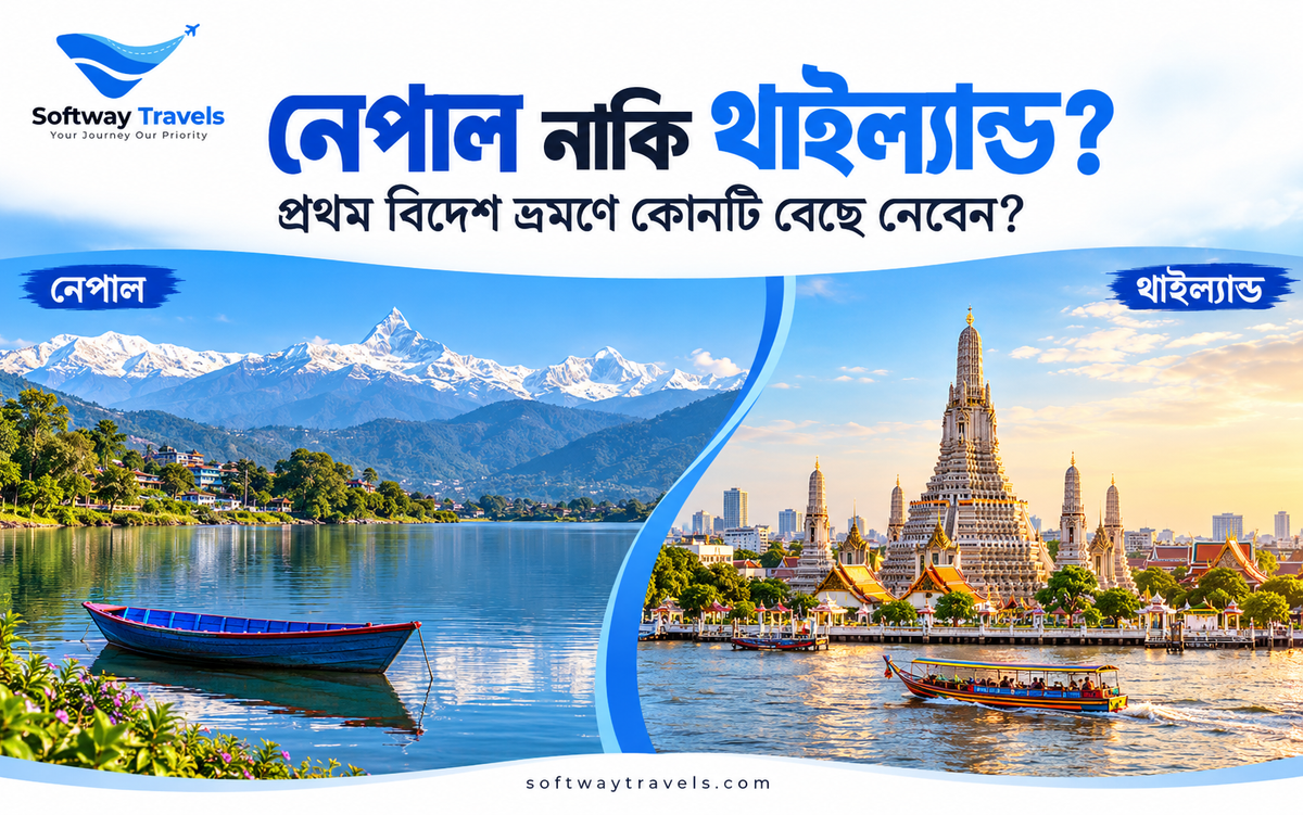 Side-by-side comparison of Nepal Pokhara lake and mountains with Thailand Bangkok city and Pattaya coast for first-time holidaymakers