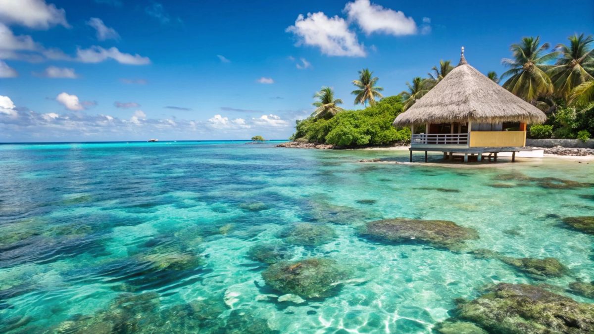 Turquoise lagoon and white sand beach around a Maldives island stay