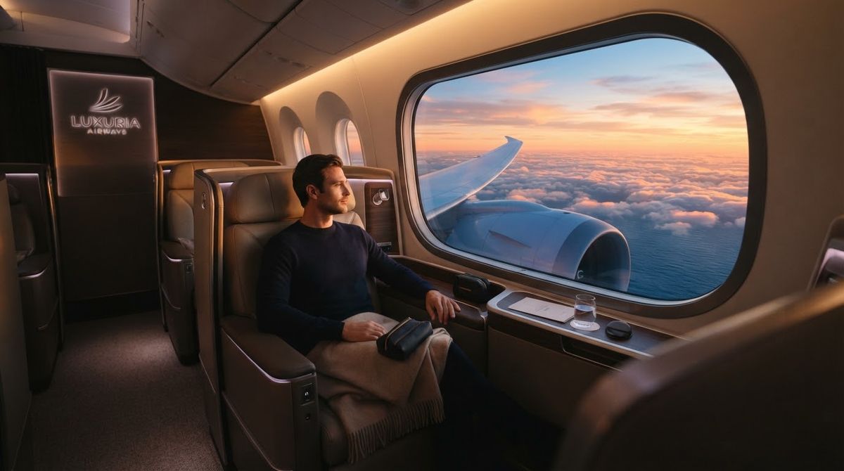Airline cabin with rows of seats on a long-haul flight
