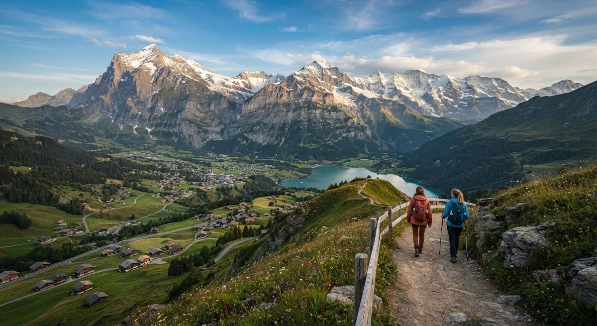 Hikers walking a mountain trail in the Swiss Alps on a clear day
