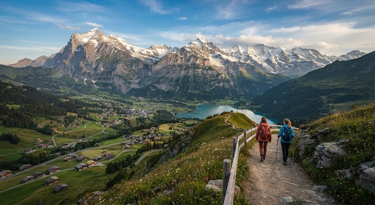 Hikers walking a mountain trail in the Swiss Alps on a clear day