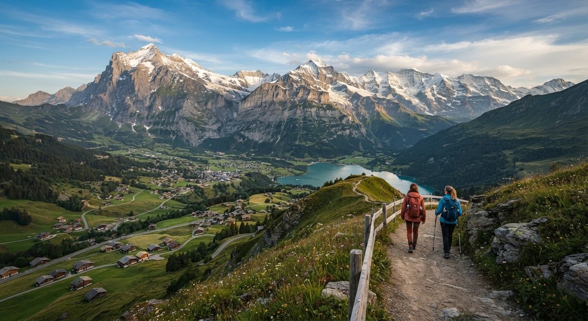 Hikers walking a mountain trail in the Swiss Alps on a clear day