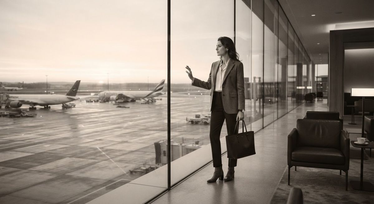 Business travellers with luggage planning a work trip at an office desk